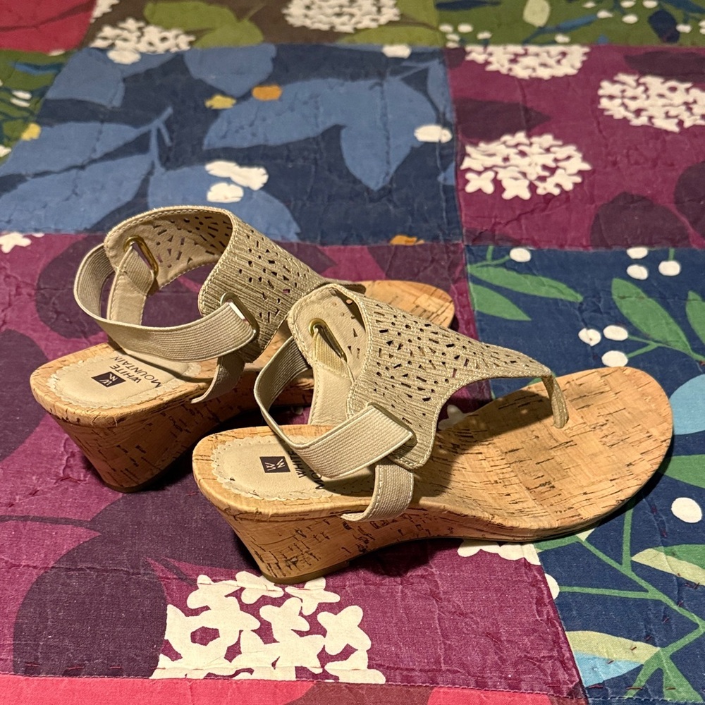 White Mountain Tan Perforated Elastic Cork Wedge Sandals